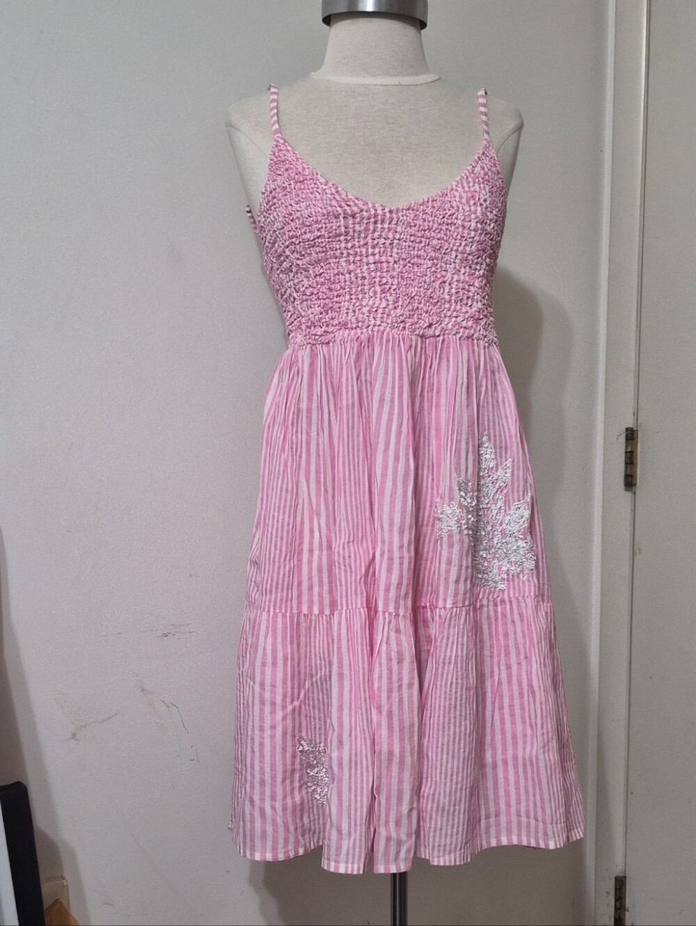 NEW POL Pink Striped Smocked Sundress with Sequin Floral Accents